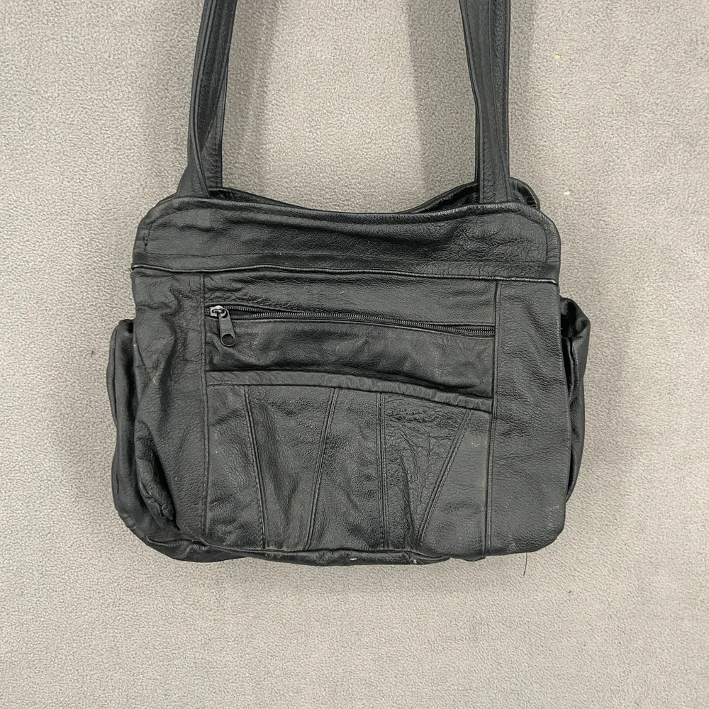 Vintage Unisex Black Leather Multiple Pockets Dual Carry Straps Shoulder Bag